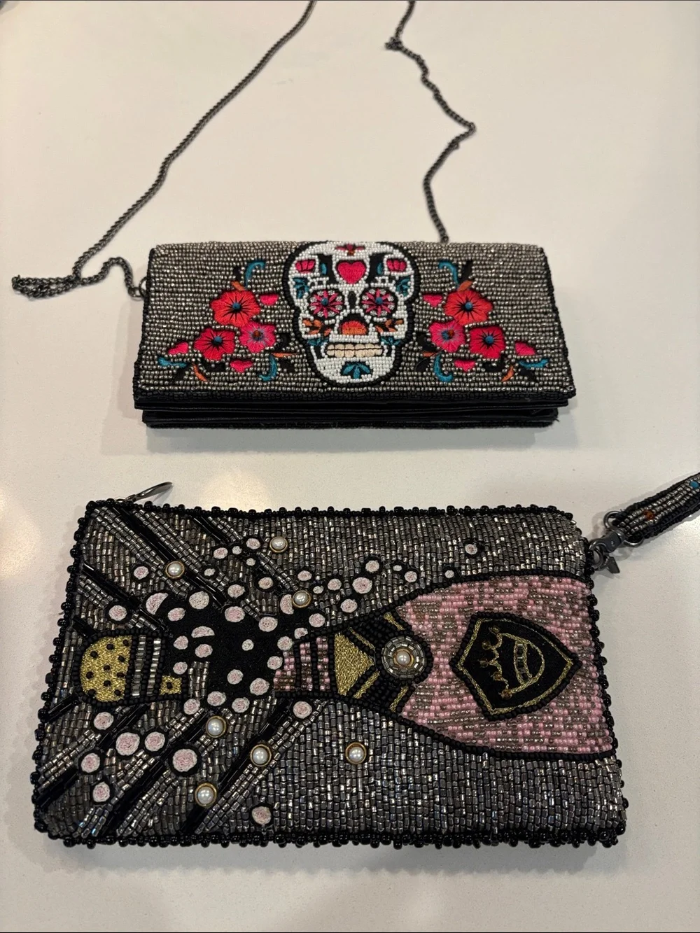 Mary Frances Beaded Sugar Skull Crossbody Clutch Black with Pink Floral Accents - Picture 1 of 9